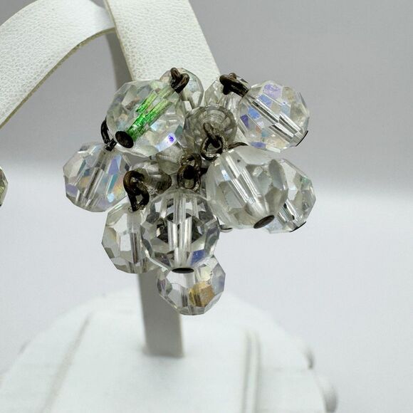 Vintage MCM Aurora Borealis AB Faceted Crytal Cluster Cha Cha Clip On Earrings - Picture 2 of 14